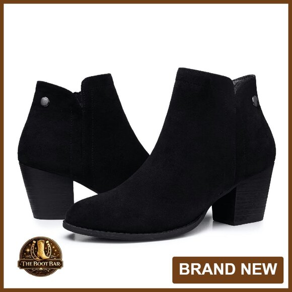 Chunky Low Heel Ankle Boots with Zipper Faux Suede Dress Western